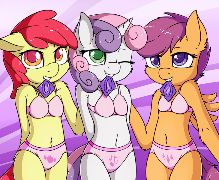 Size: 2454x2016 | Tagged: suggestive, artist:fearingfun, banned from derpibooru, apple bloom, scootaloo, sweetie belle, anthro, earth pony, pegasus, unicorn, clothes, condom, condom in mouth, cutie mark crusaders, female, image, lolicon, mouth hold, png, underage, underwear