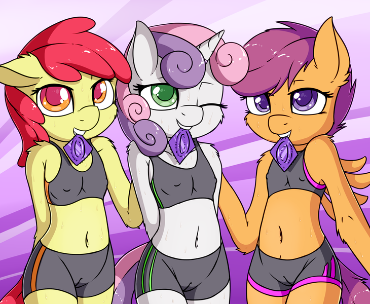 Size: 2454x2016 | Tagged: suggestive, artist:fearingfun, banned from derpibooru, apple bloom, scootaloo, sweetie belle, anthro, earth pony, pegasus, unicorn, bra, cameltoe, clothes, condom, condom in mouth, cutie mark crusaders, female, gym shorts, image, lolicon, mouth hold, png, tight clothing, underage, underwear