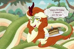 Size: 3000x2000 | Tagged: safe, artist:paladin-drakkenwolf, derpibooru import, autumn blaze, kirin, lamia, original species, snake, snake pony, blushing, cake, female, food, happy birthday, image, png, solo, solo female