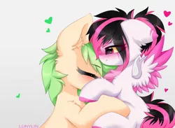 Size: 1280x938 | Tagged: safe, artist:lunylin, derpibooru import, oc, oc:c-3301, oc:lunylin, unofficial characters only, pegasus, pony, unicorn, chest fluff, cute, duo, duo female, female, floppy ears, flying, image, jpeg, lesbian, simple background