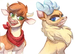 Size: 1280x929 | Tagged: safe, artist:tigra0118, derpibooru import, velvet reindeer, cow, deer, reindeer, them's fightin' herds, arizona (tfh), community related, duo, female, frown, image, jpeg, looking at each other, looking at someone, neckerchief, simple background, traditional art, unamused, velvet is not amused, watercolor painting, white background