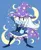 Size: 777x941 | Tagged: safe, artist:reiduran, derpibooru import, trixie, equestria girls, :3, blue background, cape, chibi, clothes, crescent moon, female, hat, image, moon, neco-arc, png, simple background, slit pupils, solo, sparkles, trixie's cape, trixie's hat