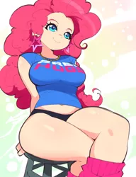 Size: 1000x1300 | Tagged: suggestive, artist:aetherionart, derpibooru import, pinkie pie, human, breasts, busty pinkie pie, clothes, ear piercing, earring, female, free hugs, humanized, image, jewelry, necklace, panties, piercing, png, shirt, sitting, smiling, socks, solo, thighs, underwear