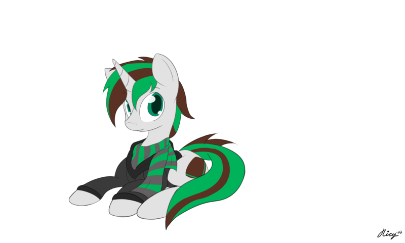 Size: 2200x1322 | Tagged: safe, artist:ricy, derpibooru import, oc, unofficial characters only, unicorn, clothes, commission, cutie mark, hoodie, horn, image, lying down, png, scarf, simple background, solo, striped scarf, transparent background, unicorn oc