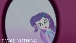 Size: 1280x720 | Tagged: safe, derpibooru import, edit, edited screencap, editor:quoterific, screencap, rarity, eqg summertime shorts, equestria girls, make up shake up, bare shoulders, fall formal outfits, female, hairpin, image, jpeg, mirror, open mouth, sleeveless, solo, strapless, text