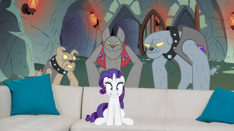 Size: 1920x1080 | Tagged: safe, derpibooru import, edit, edited screencap, screencap, fido, rarity, rover, spot, diamond dog, pony, unicorn, a dog and pony show, made in manehattan, season 1, season 5, cave, couch, faic, female, grin, image, imminent gangbang, looking at you, male, mare, meme, parody, pillow, piper perri surrounded, png, ponified meme, scene parody, sitting, smiling, this will not end well