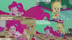 Size: 1280x720 | Tagged: safe, derpibooru import, edit, edited screencap, editor:quoterific, screencap, applejack, pinkie pie, equestria girls, equestria girls series, tip toppings, tip toppings: applejack, spoiler:eqg series (season 2), applejack's hat, belt, clothes, cowboy hat, cutie mark, cutie mark on clothes, denim, denim skirt, duo, duo female, female, food, geode of sugar bombs, geode of super strength, hat, image, jpeg, magical geodes, open mouth, skirt, smiling, spoon, tanktop, text