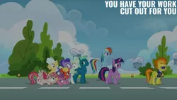 Size: 1280x720 | Tagged: safe, derpibooru import, edit, edited screencap, editor:quoterific, screencap, angel wings, hyacinth dawn, loosey-goosey, mountain haze, rainbow dash, short fuse, sky stinger, spitfire, twilight sparkle, twilight sparkle (alicorn), vapor trail, alicorn, pegasus, pony, season 6, top bolt, female, flying, image, jpeg, looking at you, male, mare, open mouth, smiling, smiling at you, spread wings, stallion, text, wings