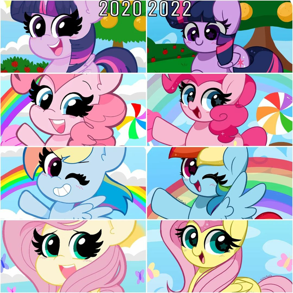 Size: 1080x1080 | Tagged: safe, artist:kittyrosie, derpibooru import, fluttershy, pinkie pie, rainbow dash, twilight sparkle, twilight sparkle (alicorn), alicorn, butterfly, earth pony, insect, pegasus, pony, 2020, 2022, bean mouth, blushing, candy, cloud, comparison, cute, dashabetes, diapinkes, female, flying, food, grin, image, kittyrosie is trying to murder us, lollipop, mare, old art, one eye closed, open mouth, open smile, png, rainbow, shyabetes, smiling, spread wings, tree, twiabetes, weapons-grade cute, wings, wink
