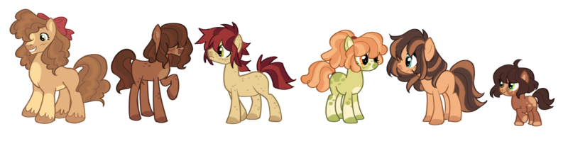 Size: 3947x981 | Tagged: safe, artist:grubgruel, artist:lovedletters, oc, unofficial characters only, earth pony, pony, base used, blaze (coat marking), bow, coat markings, colored hooves, female, filly, hair bow, hair over eyes, hairband, image, male, mare, next generation, offspring, parent:applejack, parent:troubleshoes clyde, parents:troublejack, png, ponytail, raised hoof, siblings, simple background, snip (coat marking), socks (coat marking), stallion, standing, transparent background