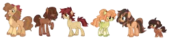 Size: 3947x981 | Tagged: safe, artist:grubgruel, artist:lovedletters, oc, unofficial characters only, earth pony, pony, base used, blaze (coat marking), bow, coat markings, colored hooves, female, filly, hair bow, hair over eyes, hairband, image, male, mare, next generation, offspring, parent:applejack, parent:troubleshoes clyde, parents:troublejack, png, ponytail, raised hoof, siblings, simple background, snip (coat marking), socks (coat marking), stallion, standing, transparent background