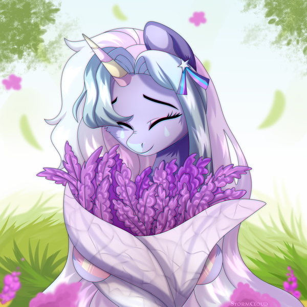 Size: 2500x2500 | Tagged: safe, artist:leah minik, derpibooru import, oc, unofficial characters only, pony, unicorn, bouquet, bouquet of flowers, bust, cute, eyes closed, female, flower, horn, image, mare, png, smiling, solo