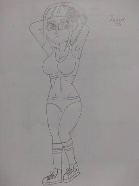 Size: 3120x4160 | Tagged: suggestive, artist:lewis20, derpibooru import, sunny flare, equestria girls, arm behind head, arms in the air, belly button, breasts, busty sunny flare, clothes, eyebrows, female, high res, image, jpeg, looking at you, monochrome, signature, smiling, smiling at you, solo, solo female, sports bra, sports panties, stupid sexy sunny flare, traditional art