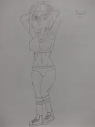 Size: 3120x4160 | Tagged: suggestive, artist:lewis20, derpibooru import, sunny flare, equestria girls, arm behind head, arms in the air, belly button, breasts, busty sunny flare, clothes, eyebrows, female, high res, image, jpeg, looking at you, monochrome, signature, smiling, smiling at you, solo, solo female, sports bra, sports panties, stupid sexy sunny flare, traditional art