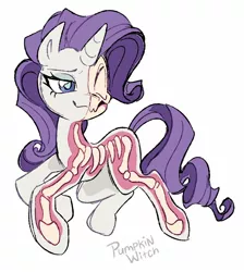 Size: 1472x1646 | Tagged: safe, artist:pumpkin.witch, artist:tikovka_pumpkin, derpibooru import, rarity, pony, unicorn, bone, cross section, flesh, horn, image, jpeg, lidded eyes, purple hair, simple background, skeleton, skull, smiling, solo, white background