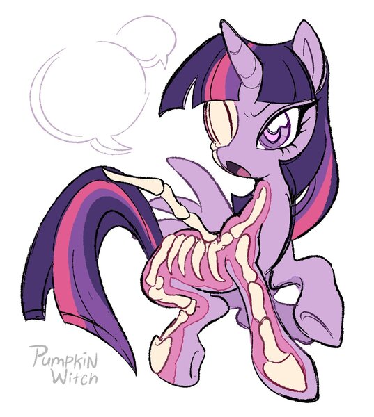 Size: 1472x1646 | Tagged: safe, artist:tikovka_pumpkin, derpibooru import, twilight sparkle, unicorn, bone, flesh, horn, image, jpeg, narrowed eyes, open mouth, skeleton, solo, speech bubble