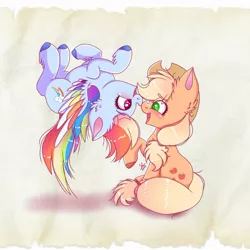 Size: 1045x1045 | Tagged: safe, artist:galaxy swirl, derpibooru import, applejack, rainbow dash, earth pony, pegasus, pony, appledash, blushing, colored wings, eye clipping through hair, eye contact, eyebrows, eyebrows visible through hair, female, flying, heart, heart eyes, image, jpeg, lesbian, looking at each other, looking at someone, mare, multicolored wings, open mouth, open smile, rainbow wings, raised hoof, shipping, signature, sitting, smiling, smiling at each other, upside down, wingding eyes, wings