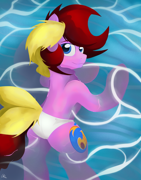 Size: 2000x2560 | Tagged: suggestive, artist:stec-corduroyroad, derpibooru import, oc, oc:corduroy road, earth pony, pony, derpibooru exclusive, image, looking at you, male, png, speedo, stallion, summer, swimming, water