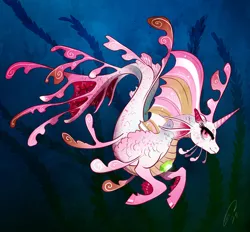 Size: 1280x1186 | Tagged: safe, artist:opalacorn, derpibooru import, oc, unofficial characters only, pony, siren, digital art, dorsal fin, female, fins, fish tail, flowing tail, gem, horn, image, jpeg, looking at you, mare, ocean, pink eyes, pink mane, scales, seaweed, signature, smiling, smiling at you, solo, tail, underwater, water