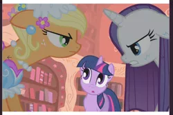 Size: 1763x1180 | Tagged: safe, derpibooru import, screencap, applejack, rarity, twilight sparkle, earth pony, pony, look before you sleep, angry, applejack is not amused, argument, clothes, dress, ear piercing, flower, flower in hair, froufrou glittery lacy outfit, glare, gritted teeth, image, jpeg, lidded eyes, looking at each other, looking at someone, piercing, princess applejack, screenshots, teeth, unamused, wat, wet, wet mane, wet mane rarity