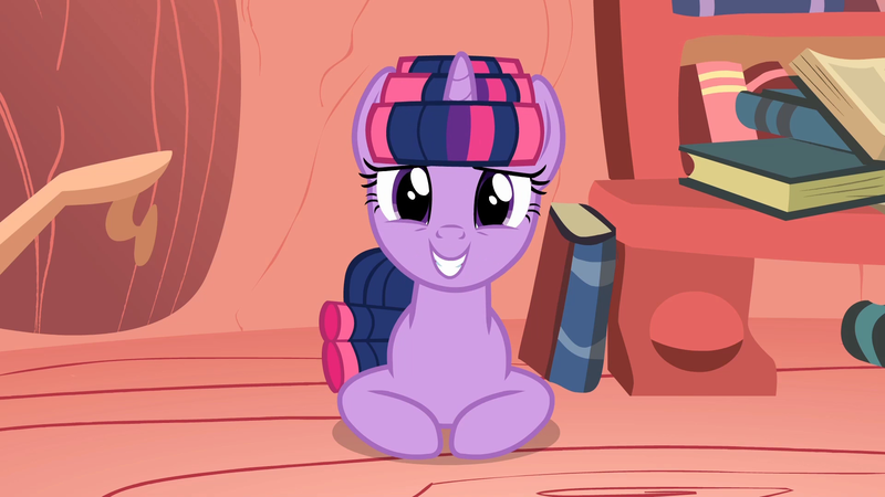 Size: 1920x1080 | Tagged: safe, artist:dashiesparkle, derpibooru import, twilight sparkle, unicorn, look before you sleep, book, bookshelf, golden oaks library, grin, hair curlers, happy, image, library, looking at someone, looking at you, nervous, nervous grin, png, smiling