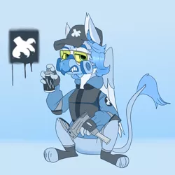 Size: 5000x5000 | Tagged: safe, artist:xasslash, derpibooru import, oc, oc:flynn the icecold, unofficial characters only, gryphon, armor, cap, clothes, glasses, gun, handgun, hat, image, male, mask, pistol, png, respirator, simple background, solo, spray can, weapon