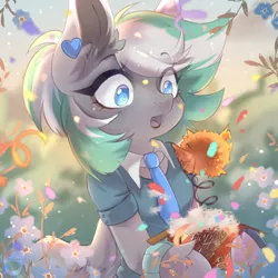 Size: 3500x3500 | Tagged: safe, artist:waterfall dream, derpibooru import, oc, oc:shirley flow, unofficial characters only, bird, pegasus, pony, blue eyes, clothes, confetti, female, flower, g5, happy birthday, image, jewelry, mare, necktie, oda 1997, oda 997, open mouth, pegasus oc, png, solo, wings