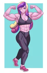 Size: 800x1242 | Tagged: safe, artist:tzc, derpibooru import, princess cadance, equestria girls, abs, armpits, belly button, buff, clothes, commission, dean cadance, eyeshadow, female, flexible, image, jpeg, makeup, muscles, muscular female, one eye closed, pants, shoes, sneakers, solo, sports bra, sweatpants, wink