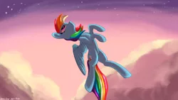 Size: 3840x2160 | Tagged: safe, artist:leoliu0491, derpibooru import, rainbow dash, pegasus, pony, 4k, cloud, female, flying, high res, hooves, image, looking up, mare, png, shading, signature, solo, starry sky, wings