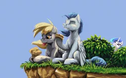 Size: 1920x1200 | Tagged: safe, artist:da-exile, derpibooru import, derpy hooves, soarin', oc, pegasus, pony, unicorn, cliff, food, image, lying down, muffin, png, prone
