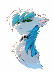 Size: 1035x1390 | Tagged: safe, artist:swaybat, derpibooru import, oc, unofficial characters only, pony, bust, chest fluff, collar, ear fluff, eye clipping through hair, eyebrows, eyebrows visible through hair, image, jpeg, lidded eyes, looking at you, looking down, looking down at you, simple background, solo, white background