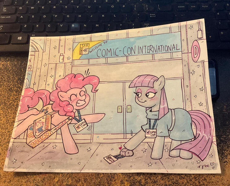 Size: 900x727 | Tagged: safe, derpibooru import, maud pie, pinkie pie, earth pony, boulder, clean, comic con, commission, convention, image, jpeg, marybellamy, traditional art, watercolor painting, zorilita
