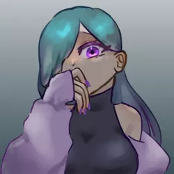 Size: 1280x1280 | Tagged: safe, artist:metaruscarlet, derpibooru import, marble pie, human, breasts, clothes, coat, eyeshadow, female, hair over one eye, hand over mouth, humanized, image, jpeg, makeup, nail polish, sleeveless, sleeveless sweater, solo, sweater