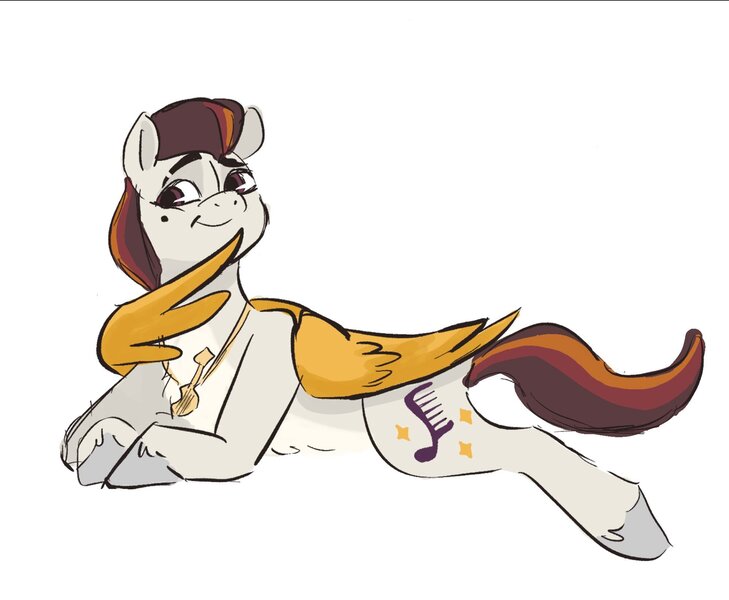 Size: 1997x1643 | Tagged: safe, artist:mayugraffiti, derpibooru import, pegasus, pony, g5, image, jewelry, jpeg, lying down, male, necklace, prone, rocky (g5), simple background, solo, stallion, white background, wings