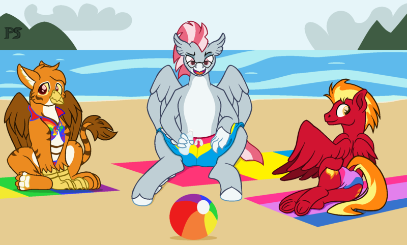 Size: 2070x1246 | Tagged: safe, artist:peregrinstaraptor, derpibooru import, oc, oc:gareth, oc:sunfyre, oc:valour flame, unofficial characters only, classical hippogriff, gryphon, hippogriff, pegasus, clothes, image, male, png, pride flag, swimsuit