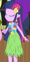 Size: 361x727 | Tagged: safe, derpibooru import, screencap, twilight sparkle, equestria girls, shake your tail, clothes, eyes closed, grass skirt, hula, image, png, skirt, sleeveless