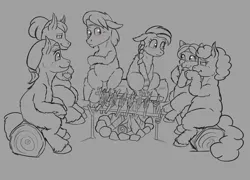 Size: 2794x2012 | Tagged: safe, artist:a0iisa, oc, unofficial characters only, fish, pony, taiga pony, blushing, campfire, female, image, jpeg, male, mare, monochrome, scrunchy face, smiling, smirk, stallion