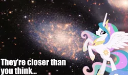 Size: 1775x1046 | Tagged: safe, princess celestia, alicorn, pony, caption, female, galaxy, image, image macro, irl, photo, png, solo, space, stars, stephan's quintet, stock vector, text, vector