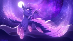 Size: 1920x1080 | Tagged: safe, artist:shad0w-galaxy, derpibooru import, oc, oc:shadow galaxy, unofficial characters only, pegasus, pony, 1920x1080, ethereal mane, ethereal tail, ethereal wings, female, flight trail, flying, full moon, gradient hooves, happy, hill, image, mare, moon, mountain, mountain range, nebula, night, night sky, open mouth, png, sky, smiling, solo, spread wings, starry eyes, stars, tail, watermark, wingding eyes, wings