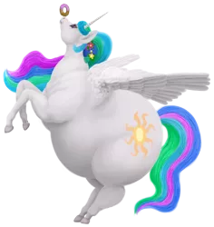 Size: 1300x1378 | Tagged: safe, artist:soobel, derpibooru import, princess celestia, alicorn, pony, atg 2022, balancing, chubbylestia, donut, eyes on the prize, fat, flower, flower in hair, food, image, newbie artist training grounds, obese, png, ponies balancing stuff on their nose, rearing
