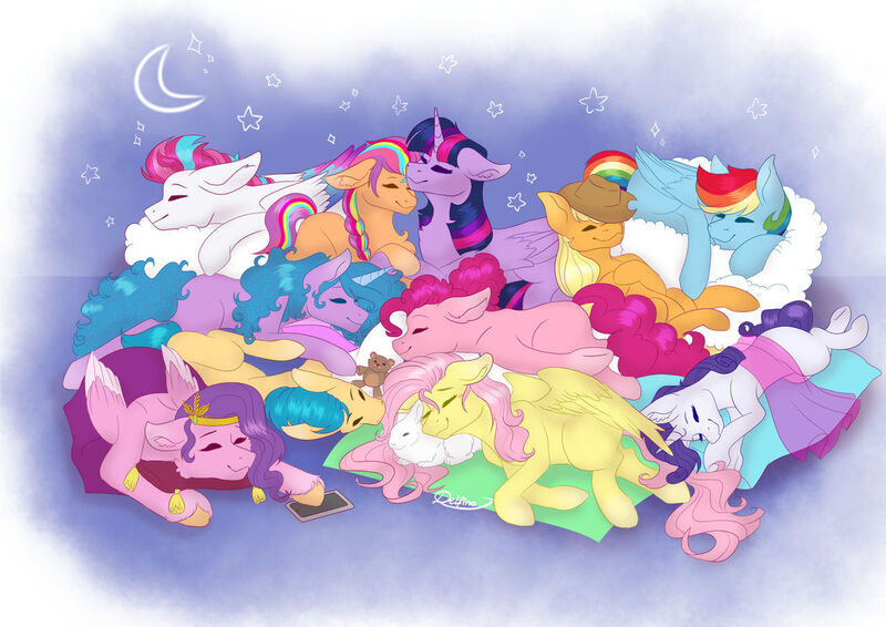 Size: 1280x905 | Tagged: safe, artist:delfinaluther, derpibooru import, angel bunny, applejack, fluttershy, hitch trailblazer, izzy moonbow, pinkie pie, pipp petals, rainbow dash, rarity, sunny starscout, twilight sparkle, twilight sparkle (alicorn), zipp storm, alicorn, earth pony, pegasus, pony, unicorn, adorapipp, adorazipp, chest fluff, cuddle puddle, cuddling, cute, dashabetes, diapinkes, ear fluff, eyes closed, female, g5, group, hitchbetes, horns, image, izzybetes, jackabetes, jpeg, male, mane five (g5), mane six, night, nuzzling, pillow, pony pile, raribetes, shyabetes, sleeping, sleepy, stars, sunnybetes, twiabetes, weapons-grade cute, wings