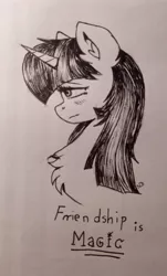 Size: 2212x3651 | Tagged: safe, artist:nightydream, derpibooru import, twilight sparkle, pony, bust, eyebrows, eyebrows visible through hair, female, high res, horn, image, jpeg, mare, monochrome, portrait, solo, traditional art