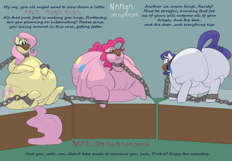 Size: 3057x2125 | Tagged: questionable, semi-grimdark, artist:lupin quill, derpibooru import, fluttershy, pinkie pie, rarity, earth pony, pegasus, pony, unicorn, fanfic:feedbag, series:the feedbag six (weight gain), bad end, bag, bed, bedroom eyes, belly, belly bed, big belly, bingo wings, blushing, bondage, butt, chains, chubby cheeks, crying, dialogue, double chin, eating, fanfic art, fat, fat fetish, fattershy, feed bag, feeding, fetish, force feeding, huge belly, humiliation, image, implied mane six, implied queen chrysalis, impossibly large belly, imprisoned, jiggle, large butt, magic suppression, mattress, morbidly obese, multichin, near immobile, obese, offscreen character, plot, png, pudgy pie, raritubby, rolls of fat, simple background, spoilers for another series, teary eyes, teasing, the ass was fat, tied up, underhoof, weight gain, weight gain sequence, wide eyes
