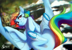 Size: 4000x2800 | Tagged: safe, artist:silentwulv, derpibooru import, rainbow dash, pegasus, pony, chromatic aberration, falling, female, flying, image, jpeg, mare, solo, spread wings, wings