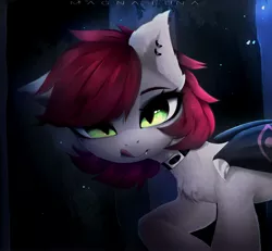 Size: 3429x3171 | Tagged: safe, artist:magnaluna, derpibooru import, oc, oc:swaybat, unofficial characters only, bat pony, pony, belt, choker, dark, ear piercing, earring, fangs, forest, image, jewelry, jpeg, mlem, piercing, silly, solo, tongue out, tree