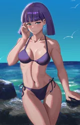 Size: 800x1242 | Tagged: suggestive, artist:tzc, derpibooru import, maud pie, human, beach, bedroom eyes, belly button, bikini, breasts, clothes, curvy, ear piercing, earring, humanized, image, jewelry, jpeg, looking at you, piercing, reasonably sized breasts, rock, swimsuit, two-piece swimsuit