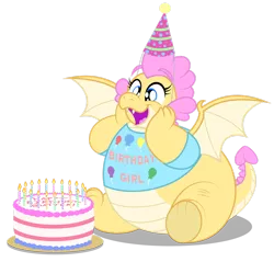 Size: 1920x1838 | Tagged: safe, artist:aleximusprime, derpibooru import, oc, oc:buttercream, oc:buttercream the dragon, dragon, birthday, birthday cake, cake, candle, clothes, dragon oc, dragoness, fat, female, food, hands on cheeks, hat, image, non-pony oc, open mouth, party hat, png, shirt, simple background, sitting, solo, spread wings, transparent background, wings
