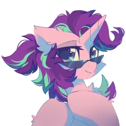 Size: 1600x1600 | Tagged: safe, artist:mirtash, derpibooru import, starlight glimmer, pony, unicorn, bust, chest fluff, ear fluff, eye clipping through hair, image, lidded eyes, looking at you, png, simple background, solo, sunglasses, transparent background