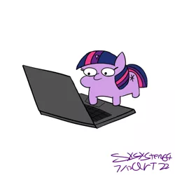 Size: 500x500 | Tagged: safe, artist:ideletedsystem64, derpibooru import, twilight sparkle, pony, unicorn, computer, female, filly, foal, horn, image, laptop computer, mare, png, signature, simple background, small horn, solo, twiggie, unicorn twilight, white background