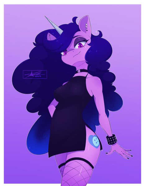 Size: 1593x2048 | Tagged: safe, artist:mindlessnik, derpibooru import, izzy moonbow, anthro, unicorn, black nail polish, bracelet, choker, ear piercing, earring, eyebrows, eyebrows visible through hair, eyeshadow, female, fishnets, g5, goth, goth izzy, gradient background, image, jewelry, jpeg, lip piercing, looking at you, looking down, makeup, nail polish, piercing, signature, solo